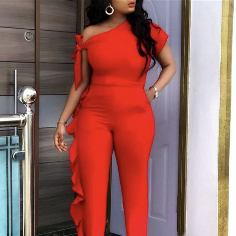 Mbluxy One Shoulder Jumpsuit Irregular Sleeve