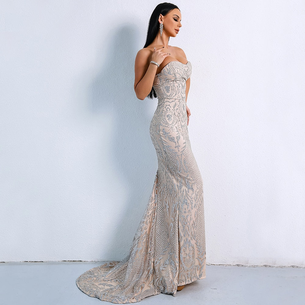 Mbluxy Elegant Strapless Glitter Women Maxi Dresses