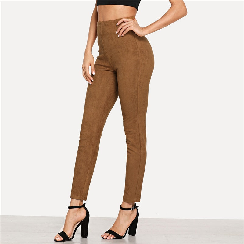 Mbluxy Brown Elegant Office Lady Solid Suede Skinny Leggings