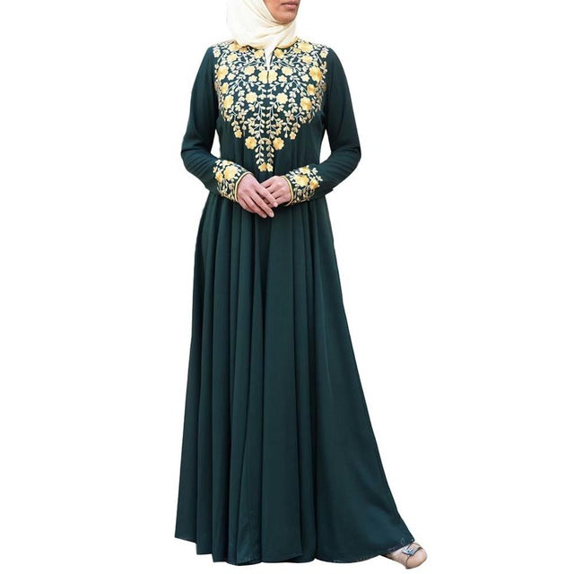 Mbluxy Muslim Women Flower Long Sleeve Round Neck Dubai Kaftan Dress