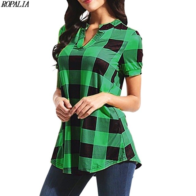 MBluxy Women's V Neck Plaid Print Short Sleeve Loose T Shirt
