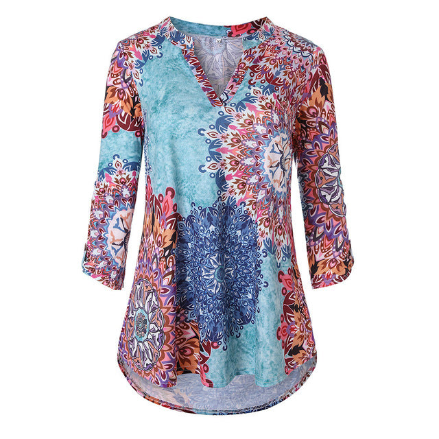 MBluxy Fashion Autumn Flower Print Long Sleeve Irregular Shirt