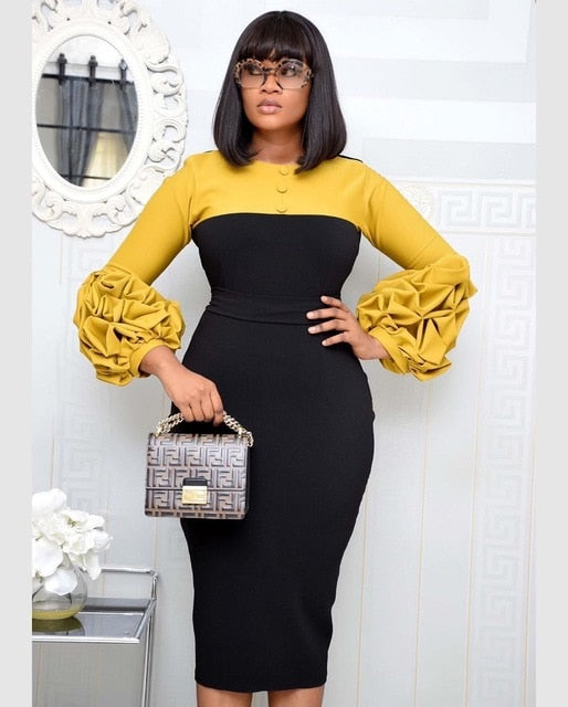 Mbluxy Women Elegant Office Dress Puff Long Sleeve