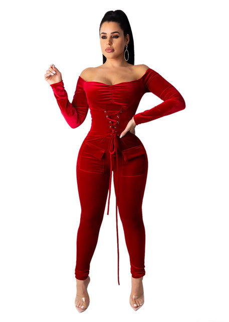 Mbluxy Grommet Lace Up Bandage Velvet Jumpsuit