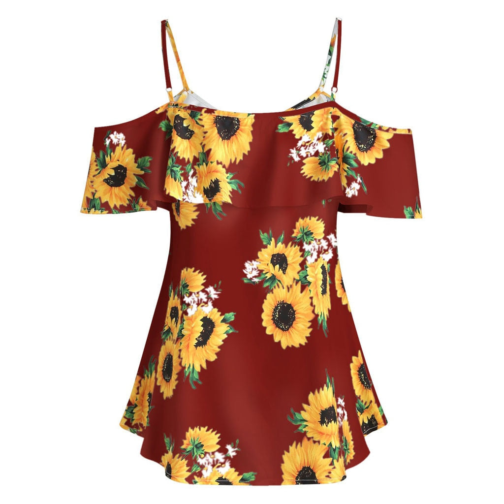 Mbluxy Women Blouse Fashion Sunflower Printed Short Sleeve