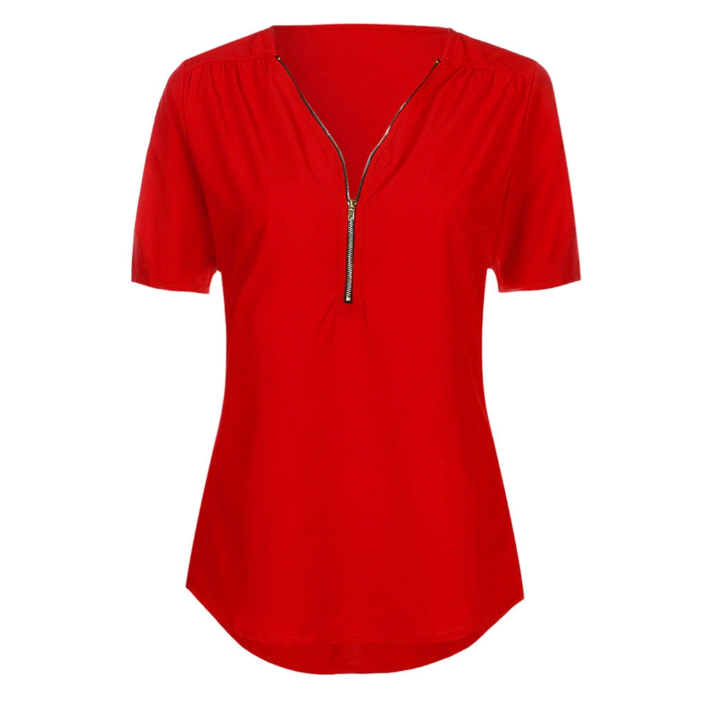 MBluxy Female Casual Top Shirt Ladies V Neck Zipper