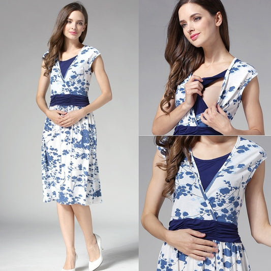MBluxy Women Breastfeeding Cotton Floral Print Sleeveless Nursing Dress