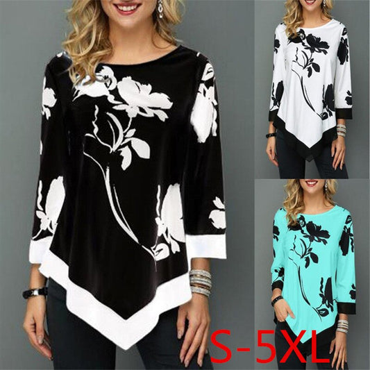 Mbluxy  Women T Shirts Tops Loose Casual Three Quarter O Neck