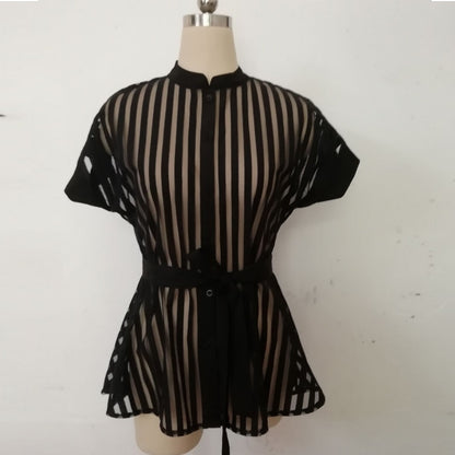 Mbluxy Women Shirts Transparent See Through Short Sleeves