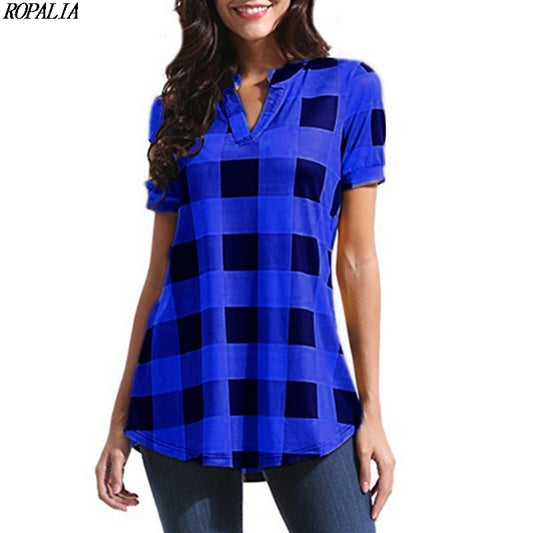 MBluxy Women's V Neck Plaid Print Short Sleeve Loose T Shirt
