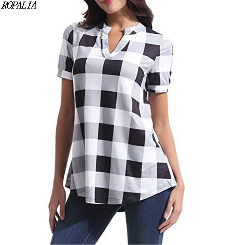 MBluxy Women's V Neck Plaid Print Short Sleeve Loose T Shirt
