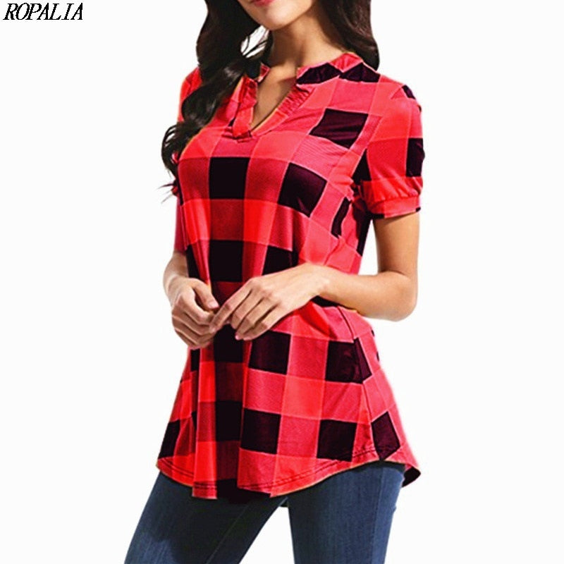 MBluxy Women's V Neck Plaid Print Short Sleeve Loose T Shirt