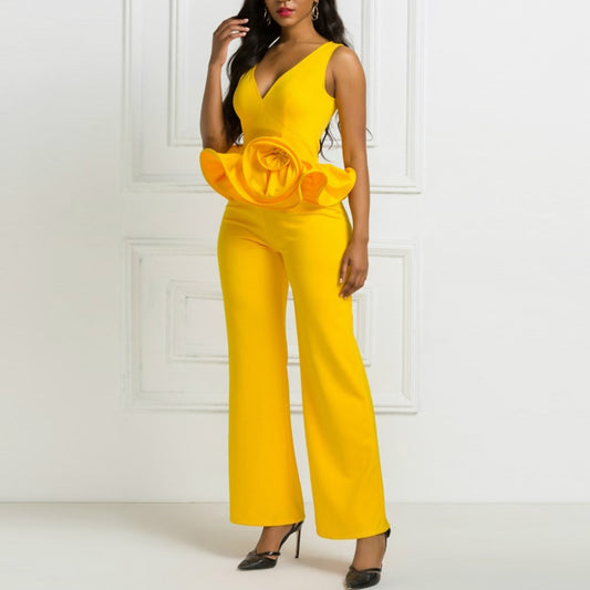 Mbluxy Yellow Jumpsuits Deep V Neck Flower