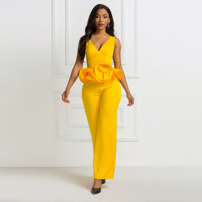Mbluxy Yellow Jumpsuits Deep V Neck Flower