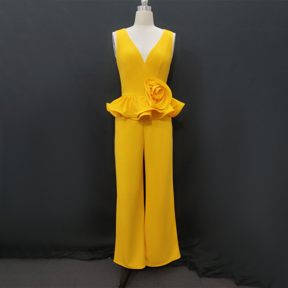 Mbluxy Yellow Jumpsuits Deep V Neck Flower
