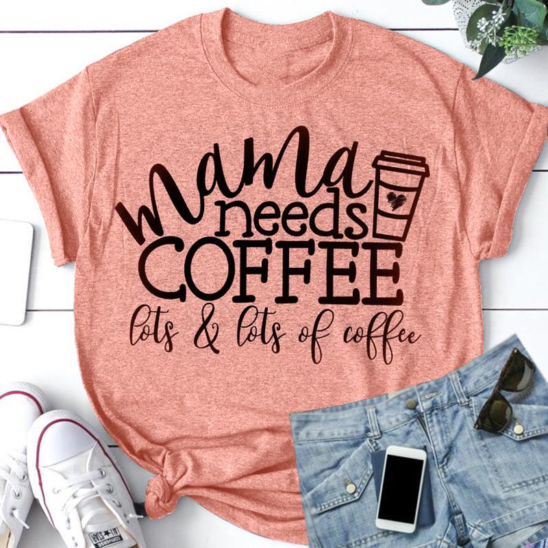 MBluxy New Mama Needs Coffee Women Green Letters Print T-shirt Summer Short Sleeve
