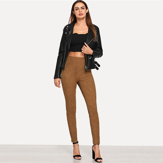 Mbluxy Brown Elegant Office Lady Solid Suede Skinny Leggings