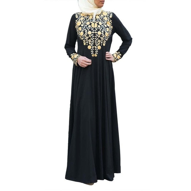Mbluxy Muslim Women Flower Long Sleeve Round Neck Dubai Kaftan Dress