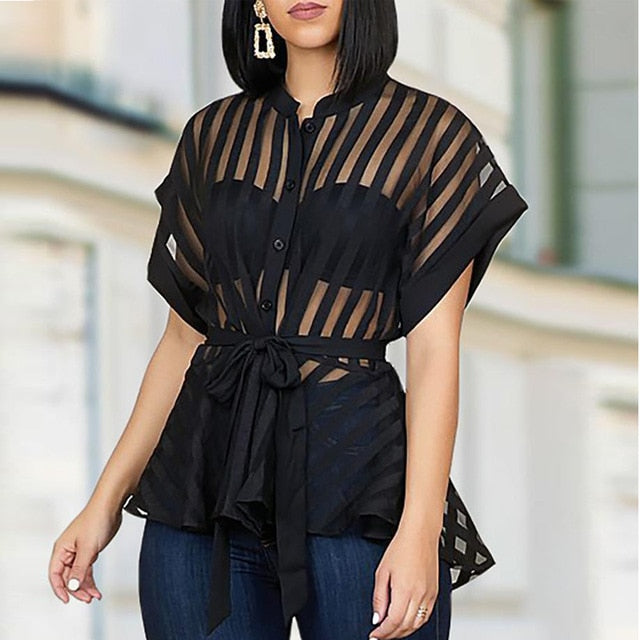 Mbluxy Women Shirts Transparent See Through Short Sleeves