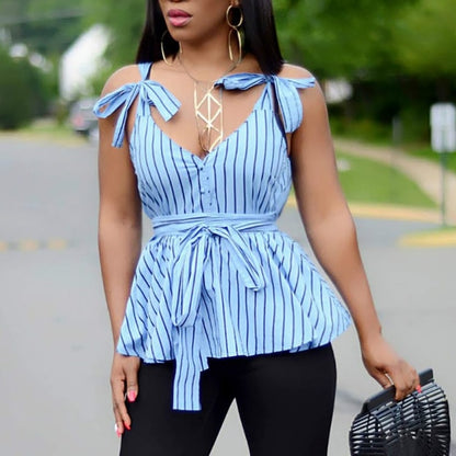 Mbluxy  Women Blouse Tops Blue Striped V Neck Lace