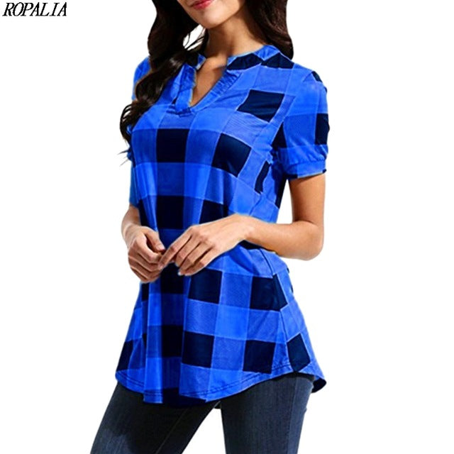 MBluxy Women's V Neck Plaid Print Short Sleeve Loose T Shirt