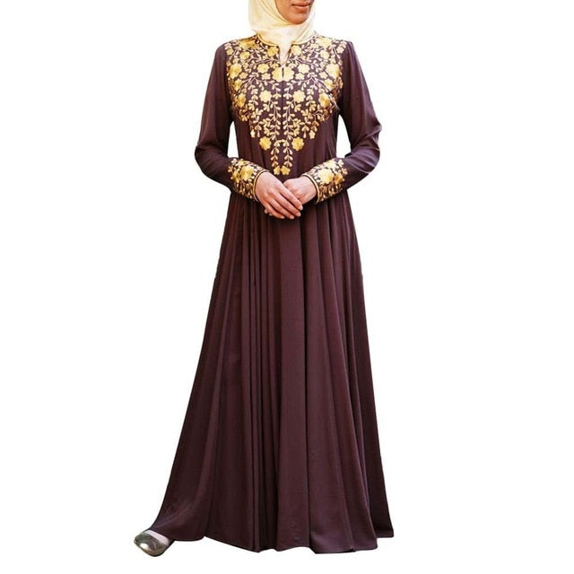 Mbluxy Muslim Women Flower Long Sleeve Round Neck Dubai Kaftan Dress